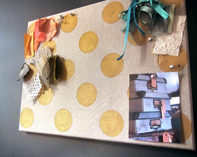 DIY Linen Covered Gold Polka Dot Pinboard  - >> joeandcheryl.com <<